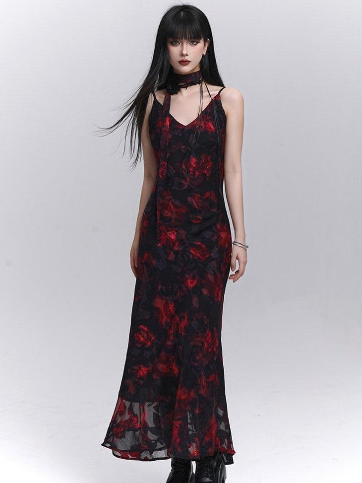 LADYGHOST Ethereal Black Red Floral V-neck Open Back Women&