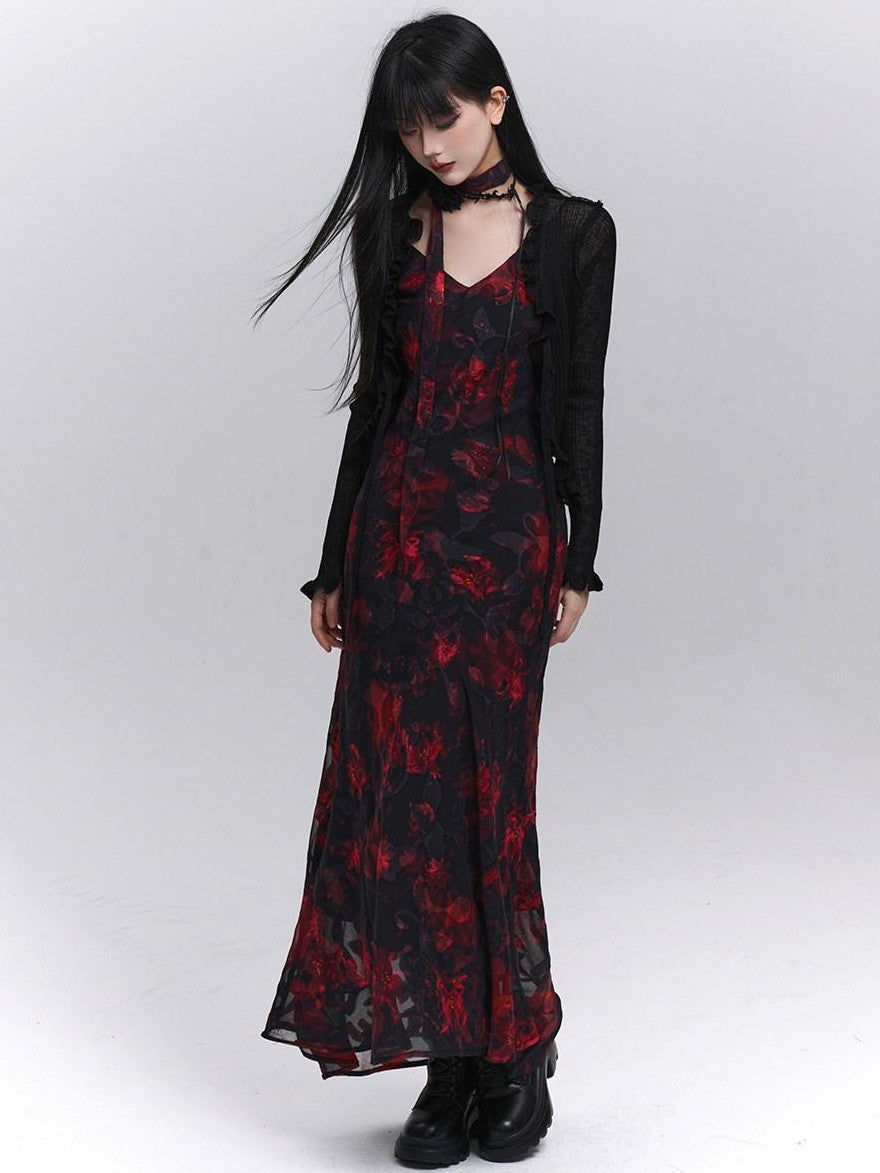 LADYGHOST Ethereal Black Red Floral V-neck Open Back Women&