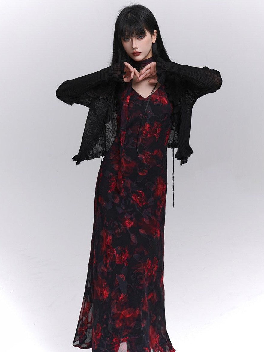 LADYGHOST Ethereal Black Red Floral V-neck Open Back Women&