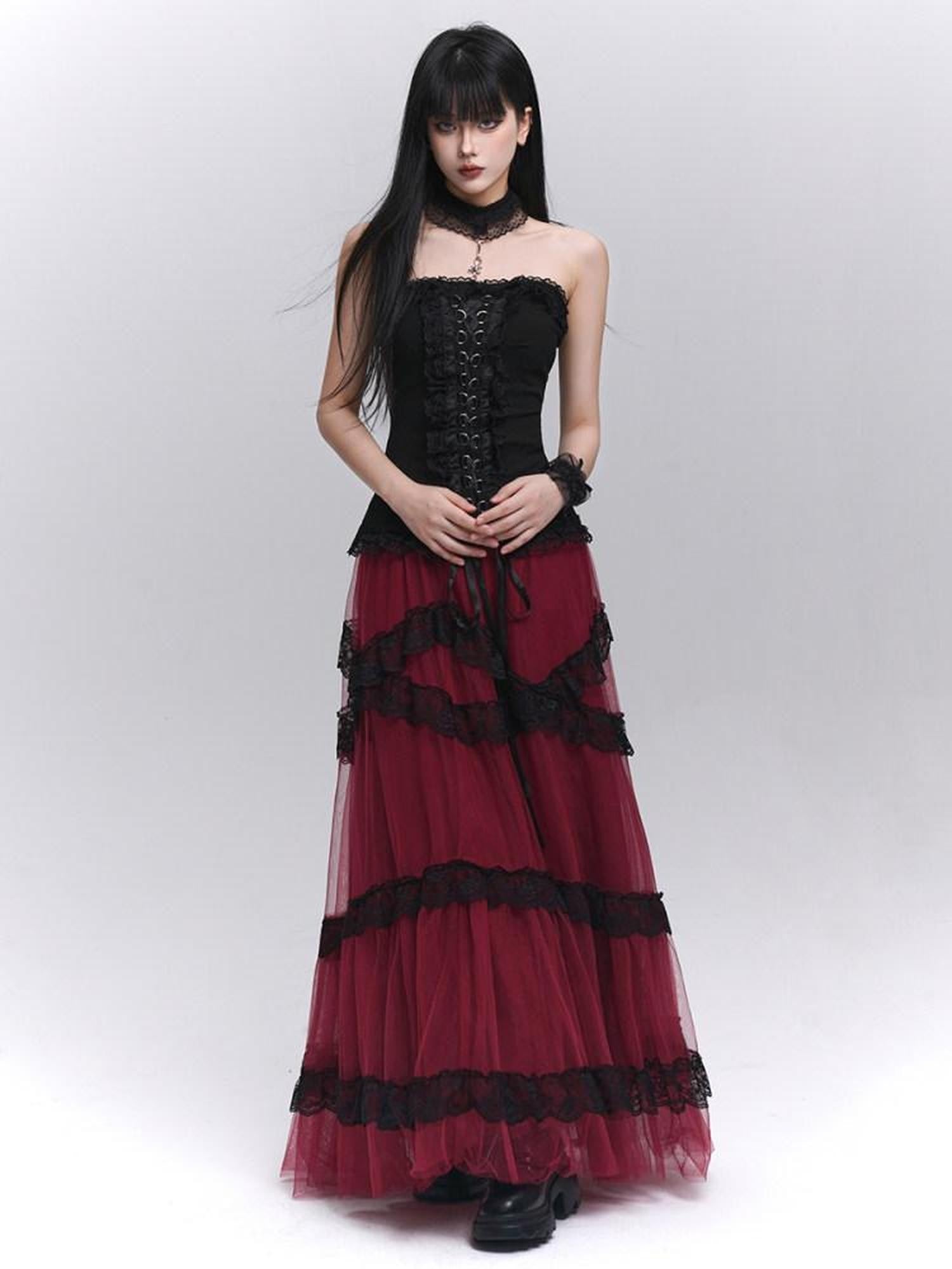 LADYGHOST Ethereal Black Red Layered Formal Women&