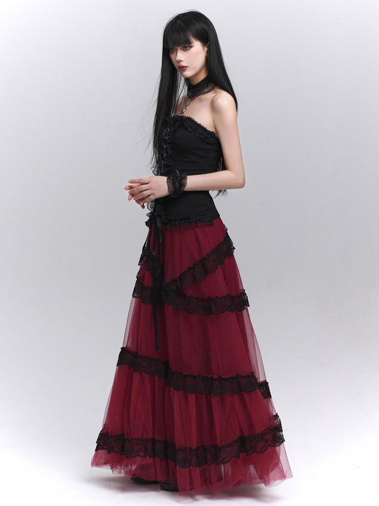 LADYGHOST Ethereal Black Red Layered Formal Women&