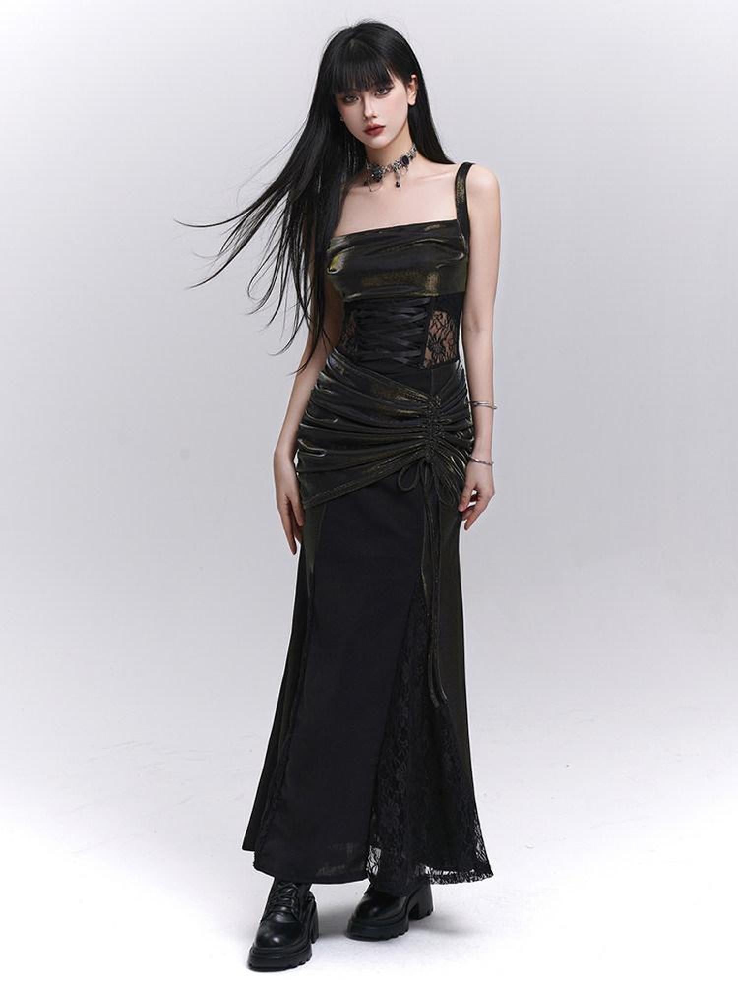 LADYGHOST Ethereal Black Spaghetti Strap Party Concert Women&
