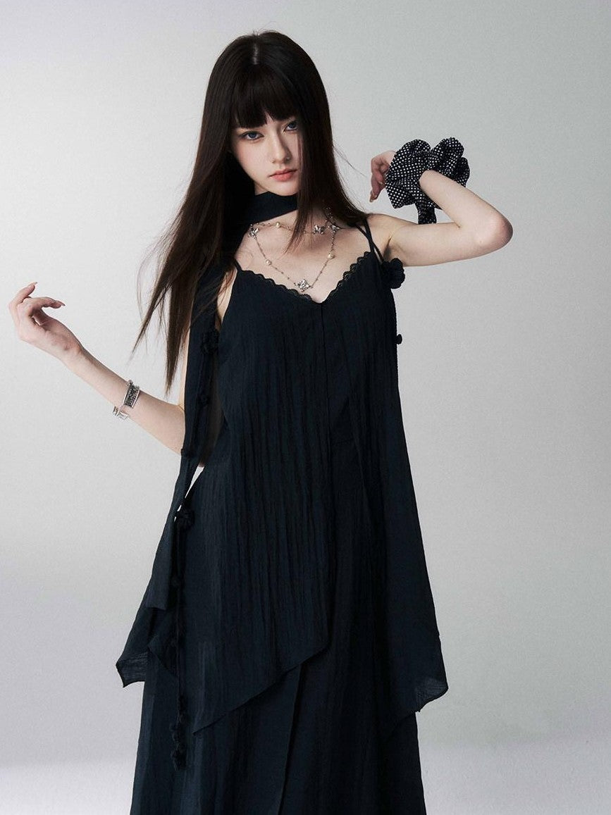 LADYGHOST Ethereal Black Spaghetti Strap Slimming Relaxed Women&
