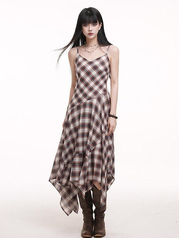 LADYGHOST Ethereal Checked Asymmetrical Hem Spaghetti Strap Women&