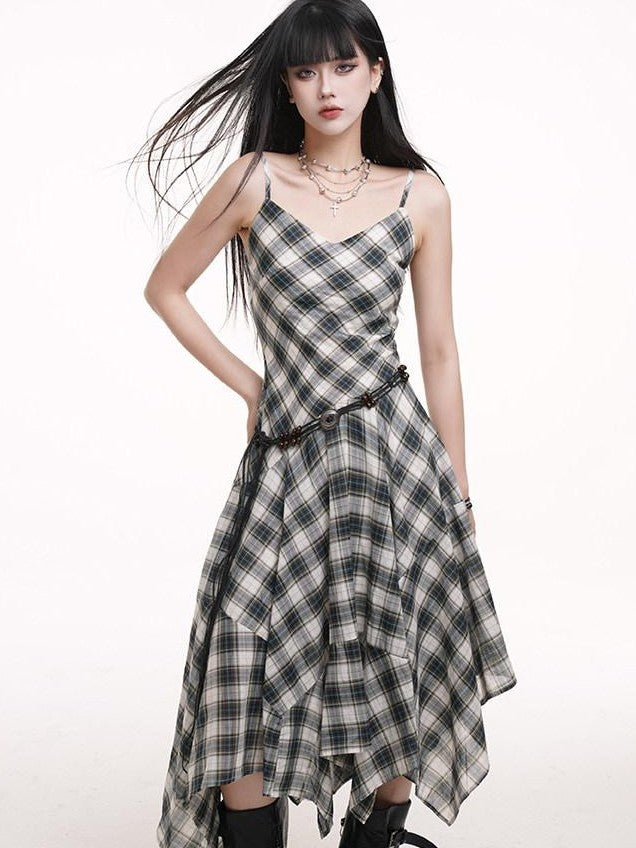 LADYGHOST Ethereal Checked Asymmetrical Hem Spaghetti Strap Women&