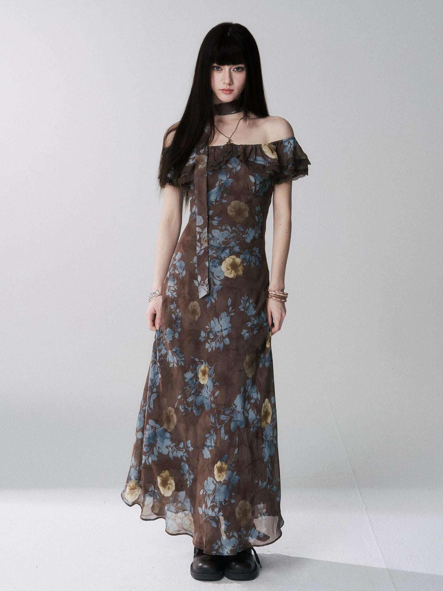 LADYGHOST Ethereal Coffee Floral Off Shoulder Women&