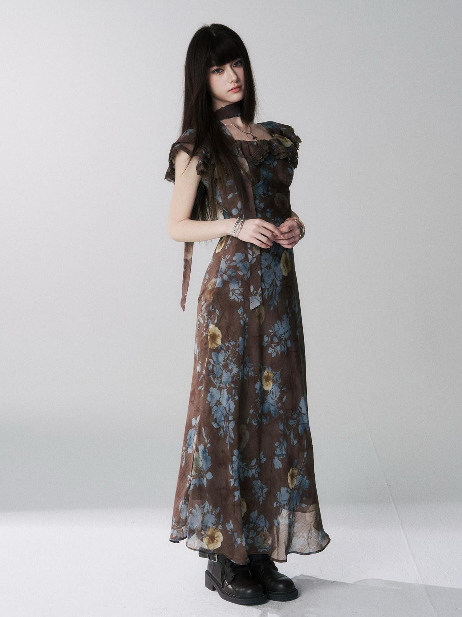 LADYGHOST Ethereal Coffee Floral Off Shoulder Women&