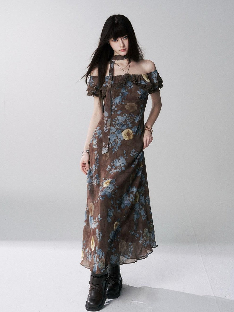 LADYGHOST Ethereal Coffee Floral Off Shoulder Women&