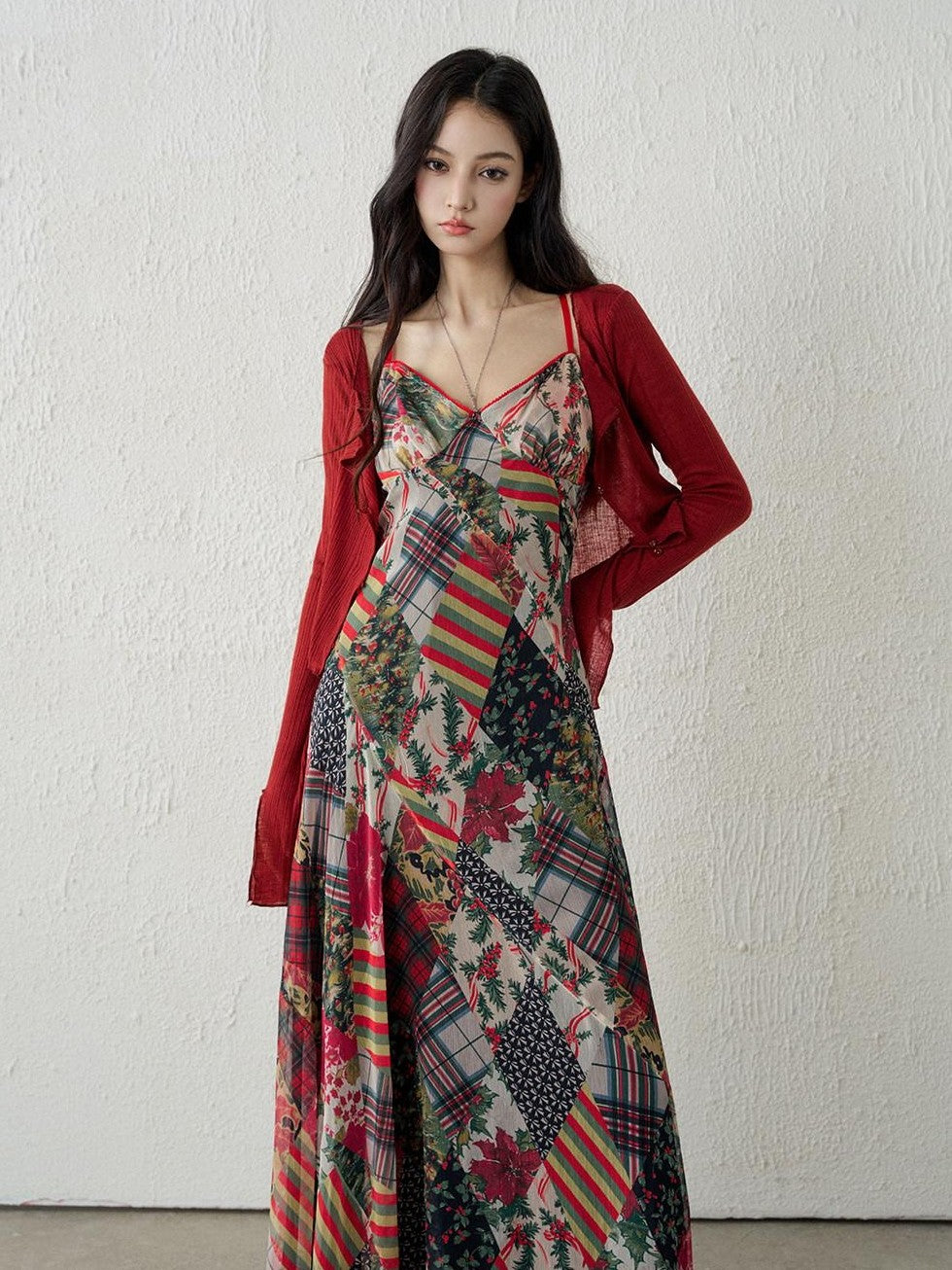 LADYGHOST Ethereal Floral Plaid Backless Spaghetti Strap Women&