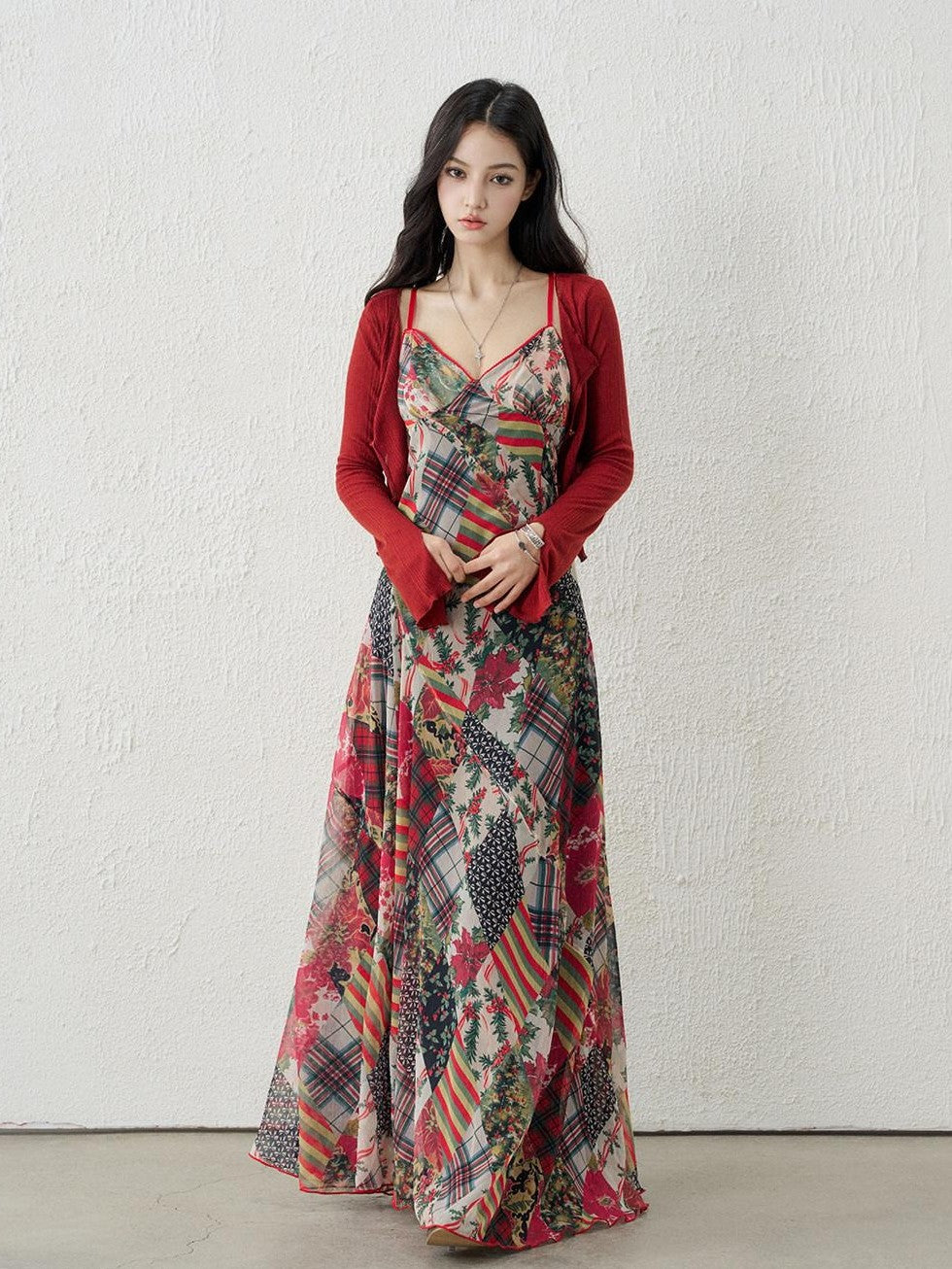 LADYGHOST Ethereal Floral Plaid Backless Spaghetti Strap Women&