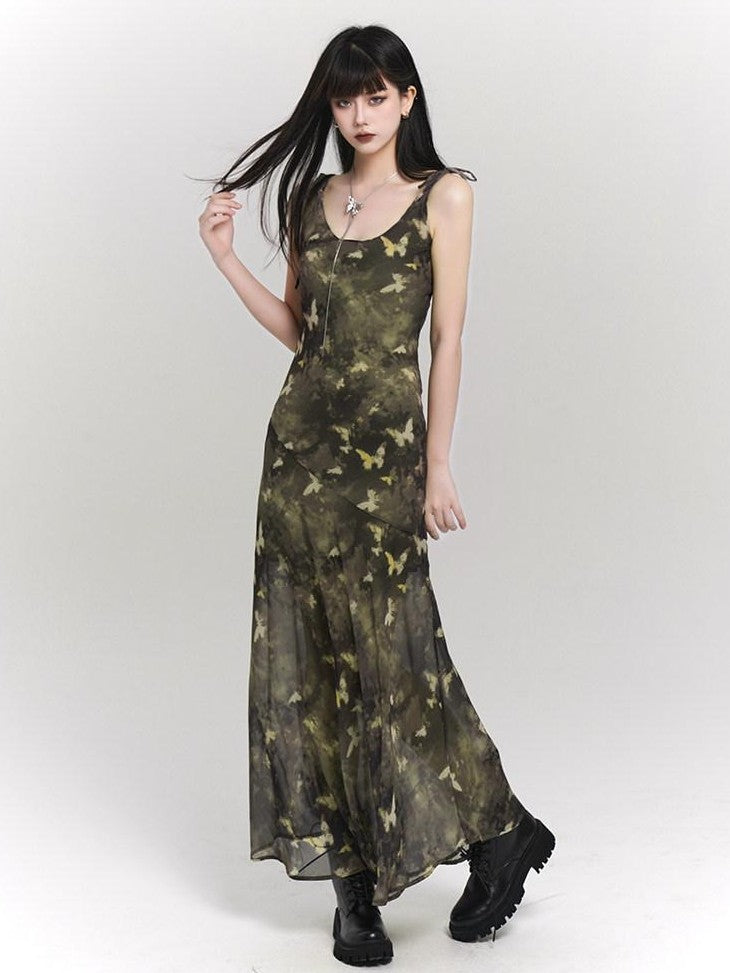 LADYGHOST Ethereal Forest Green Butterfly Spaghetti Strap Women&