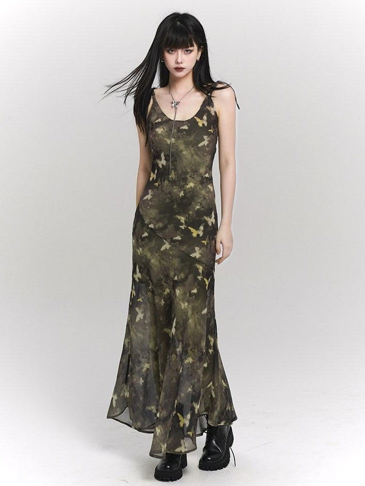 LADYGHOST Ethereal Forest Green Butterfly Spaghetti Strap Women&