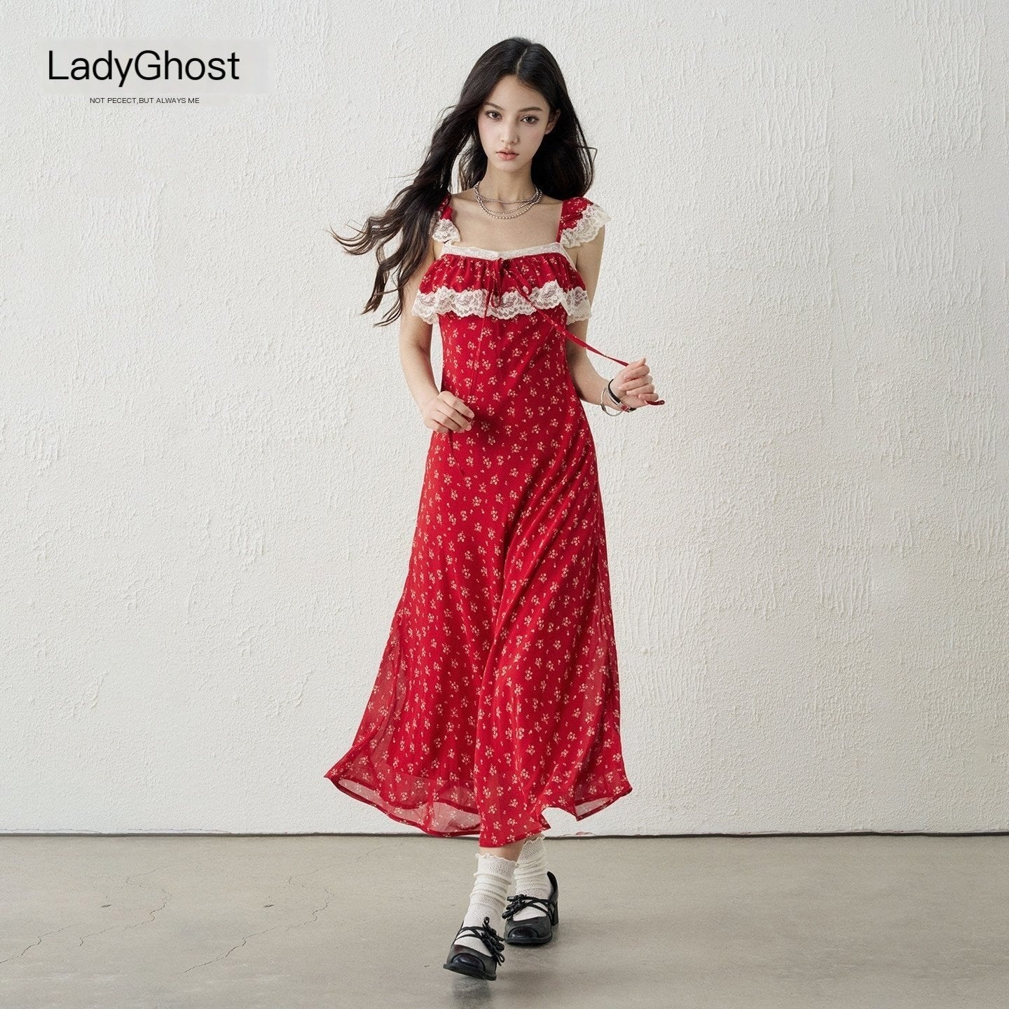 LADYGHOST_Ethereal_French_Red_Floral_Spaghetti_Strap_Women&