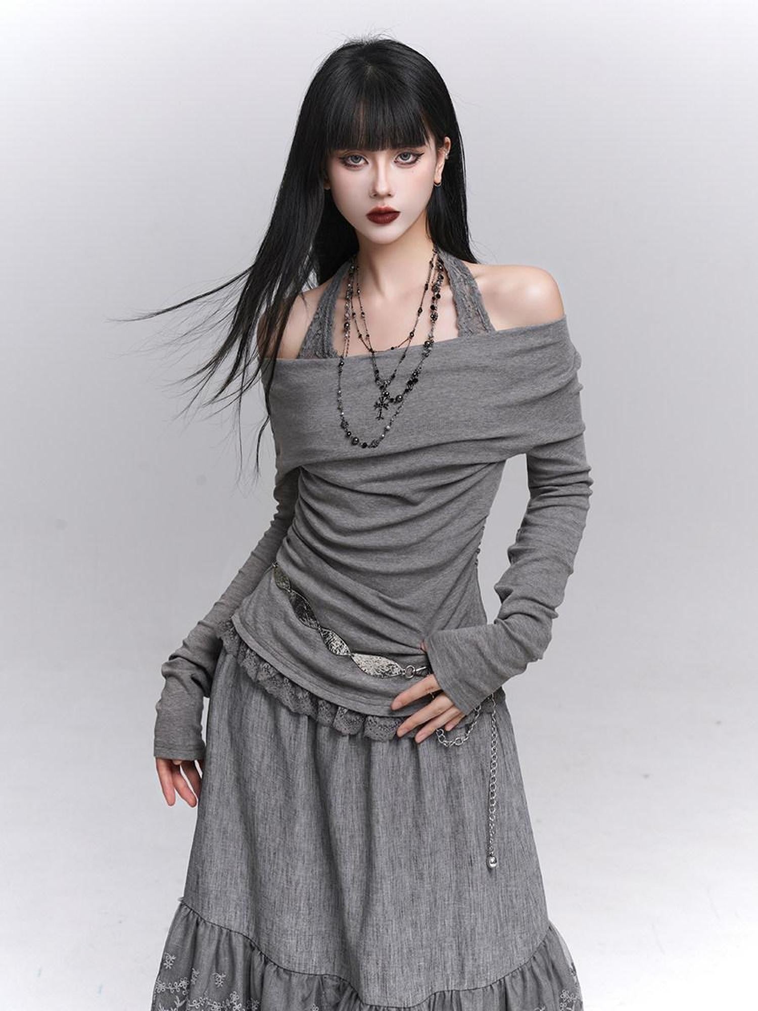 LADYGHOST Ethereal Ghost Faux Layered Off Shoulder Halter Women&