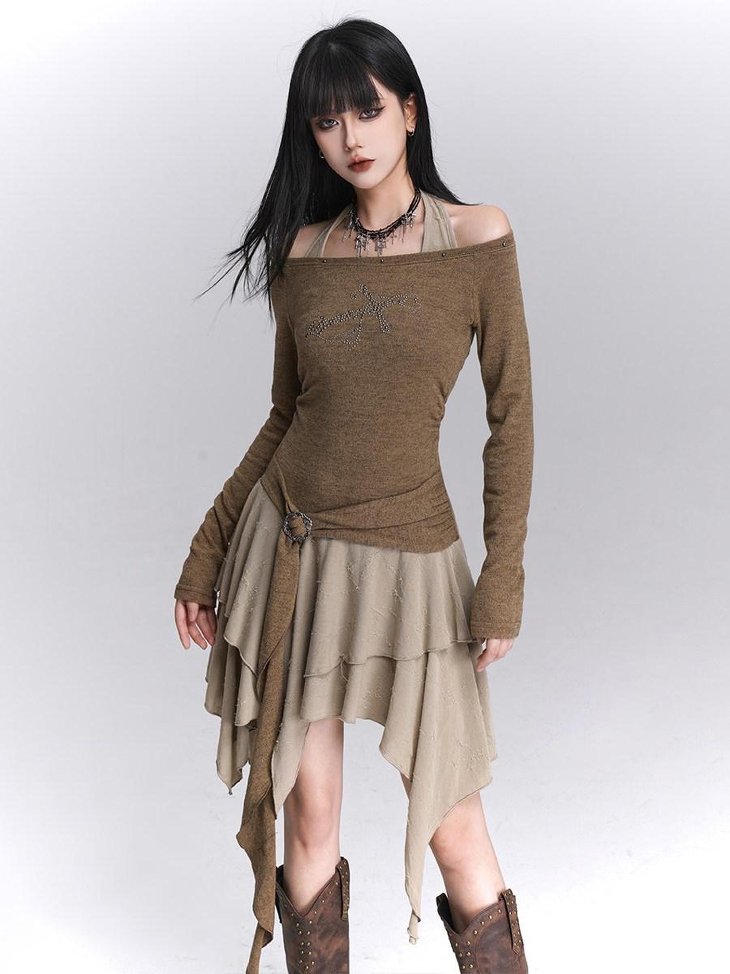 LADYGHOST Ethereal Ghostly Mock Two Piece One Shoulder Women&