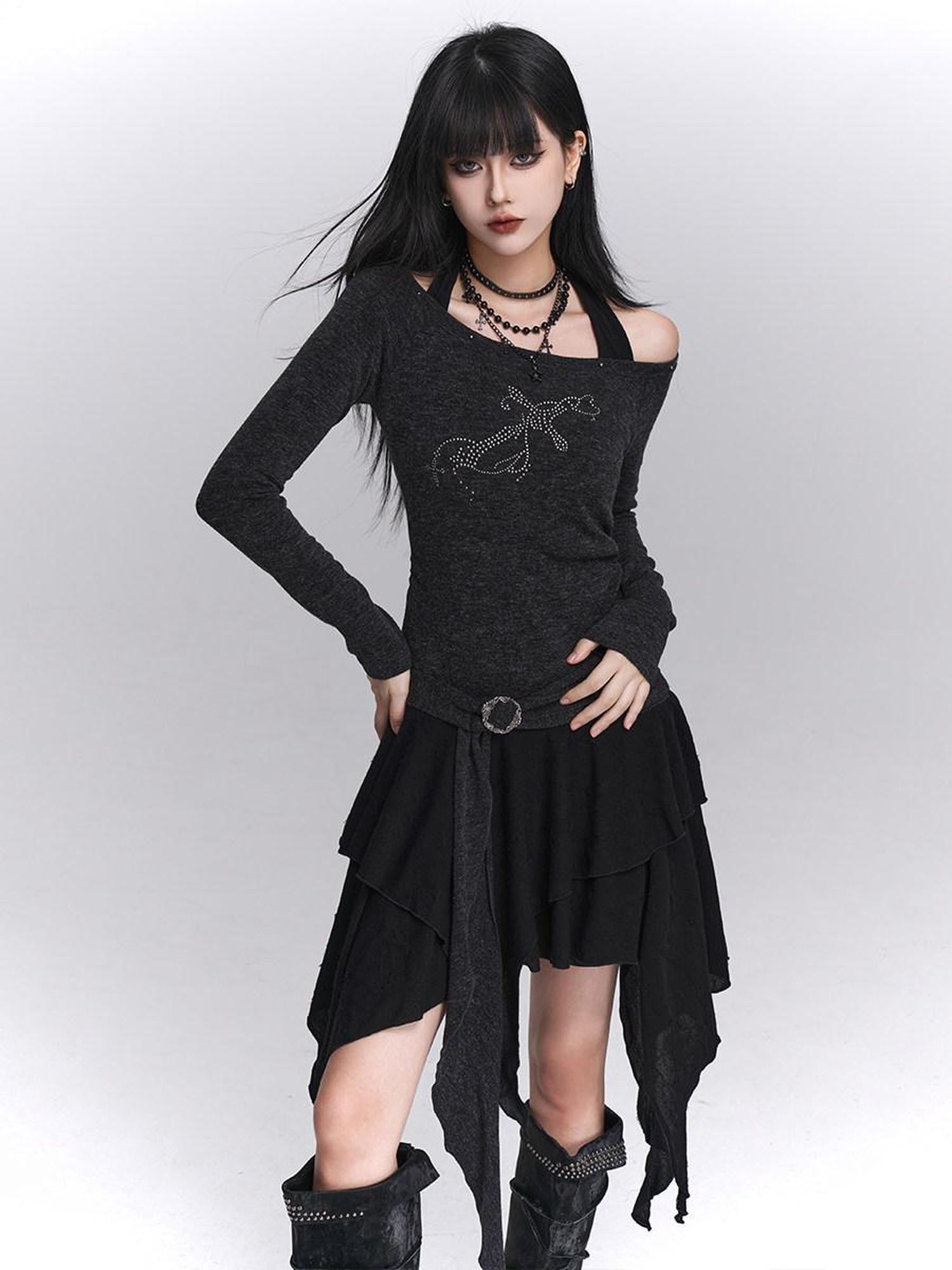 LADYGHOST Ethereal Ghostly Mock Two Piece One Shoulder Women&