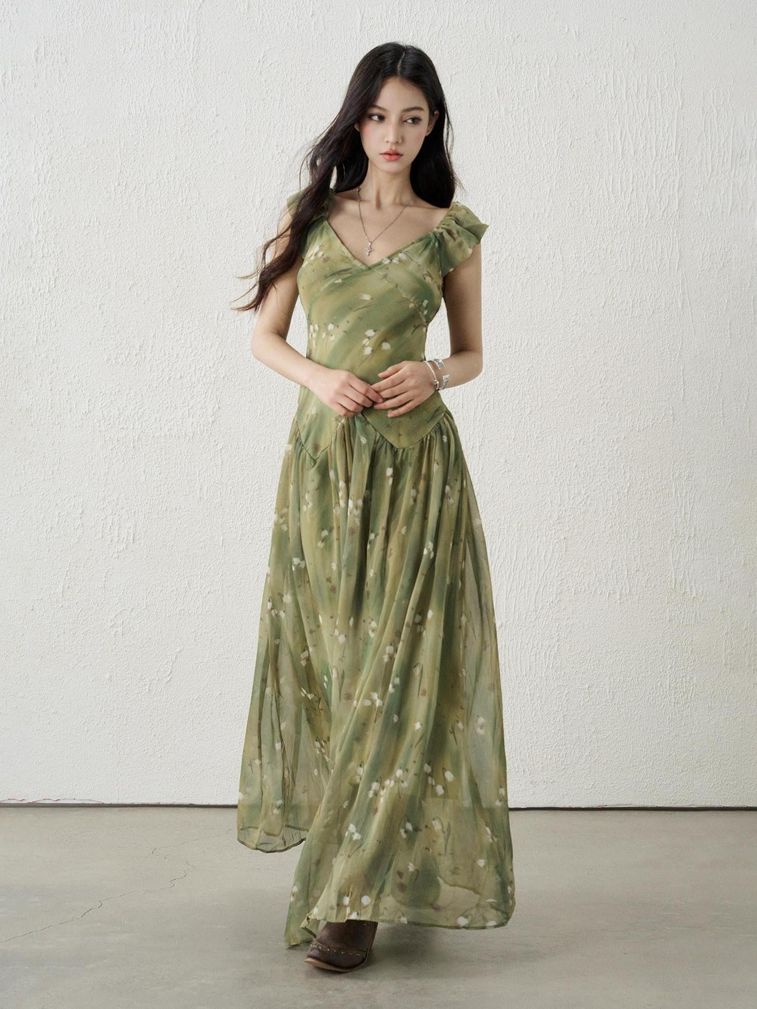 LADYGHOST Ethereal Green Floral French Style Women&