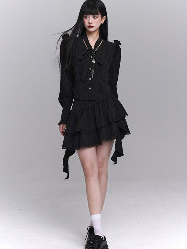 LADYGHOST Ethereal Korean Minimal Black Blouse Luxury Feel Women&