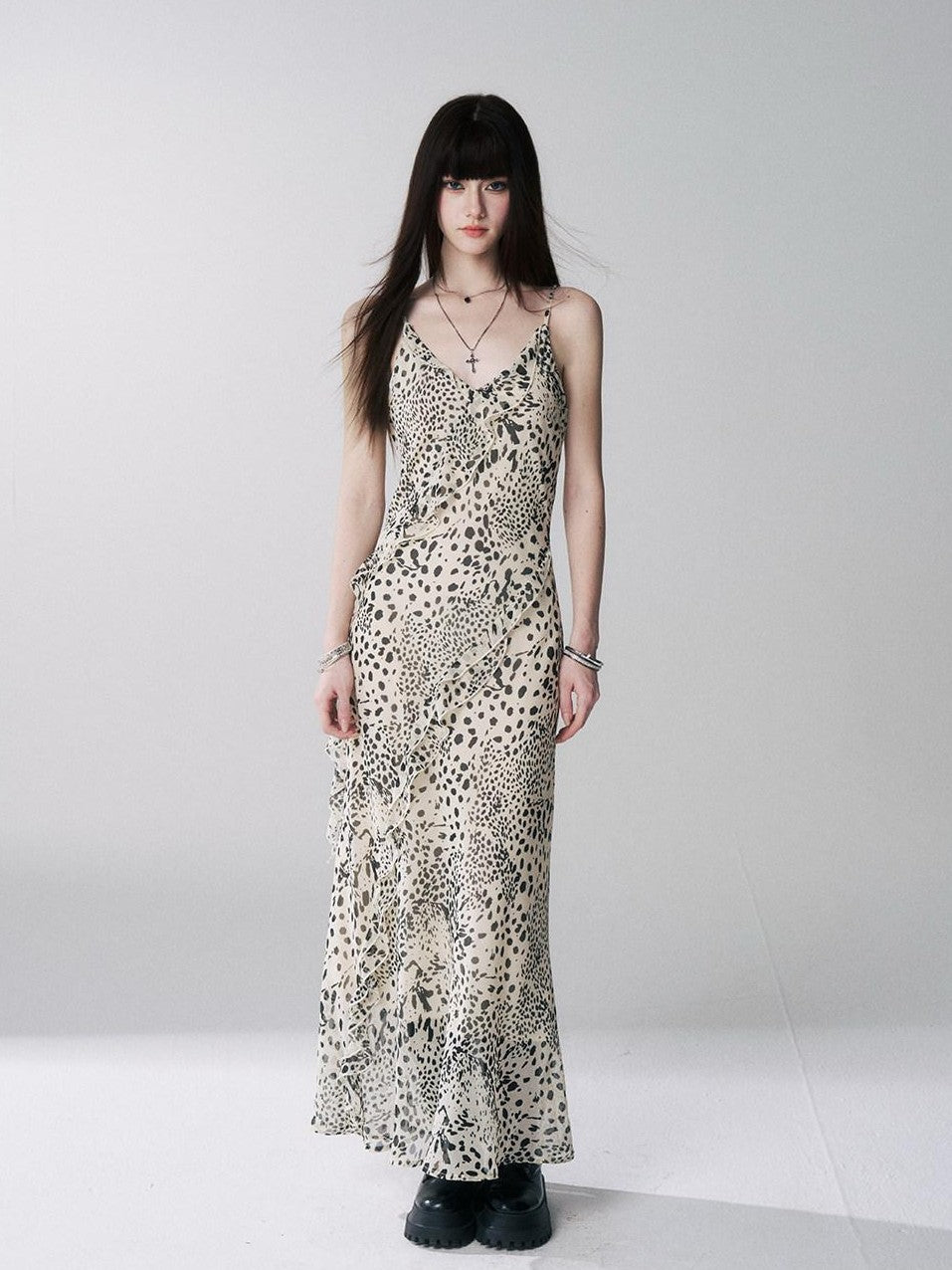 LADYGHOST Ethereal Leopard Print Backless Ruffle Women&