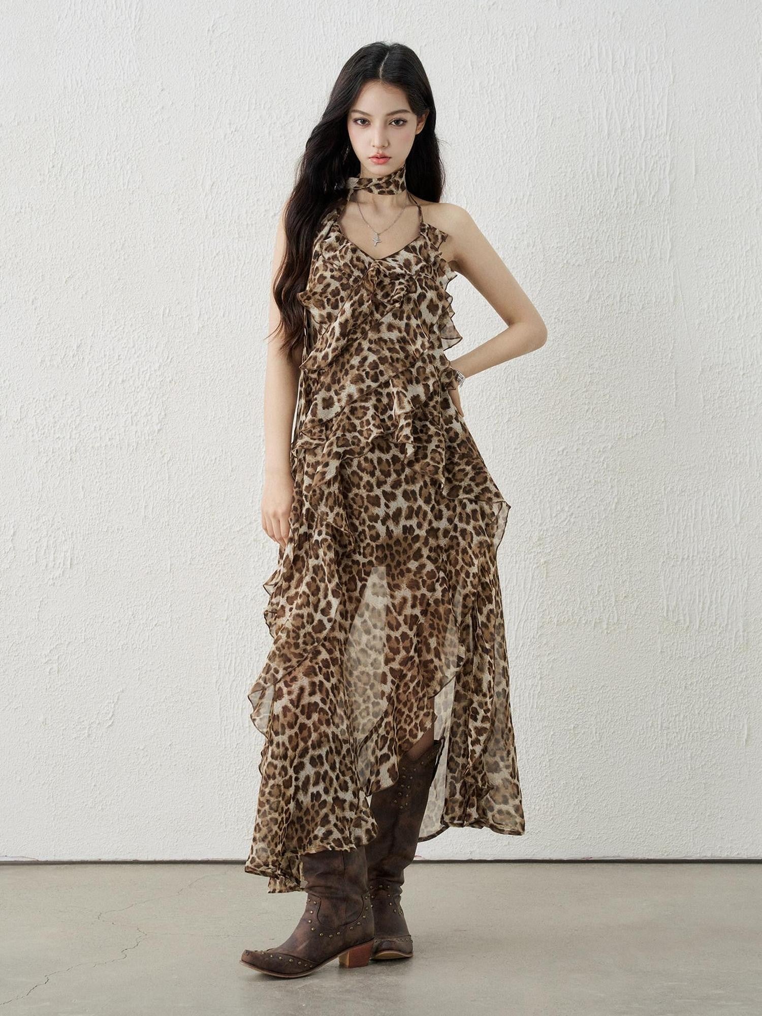 LADYGHOST Ethereal Leopard Print Backless Ruffled Women&