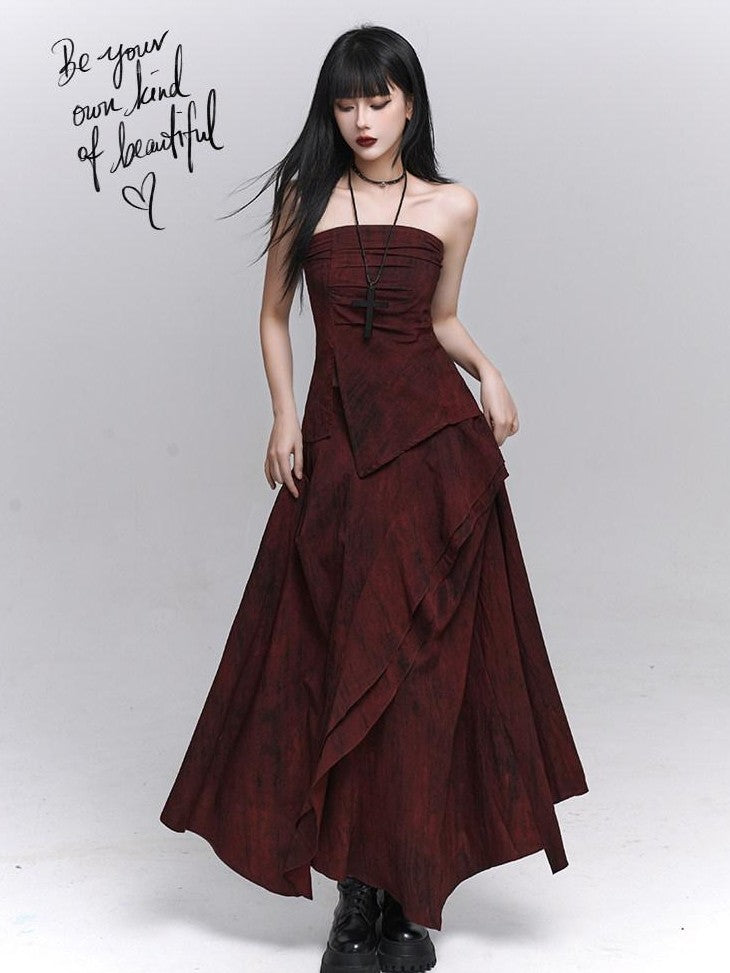 LADYGHOST Ethereal Minimal Chic Unique Red Top And Long Skirt Women&