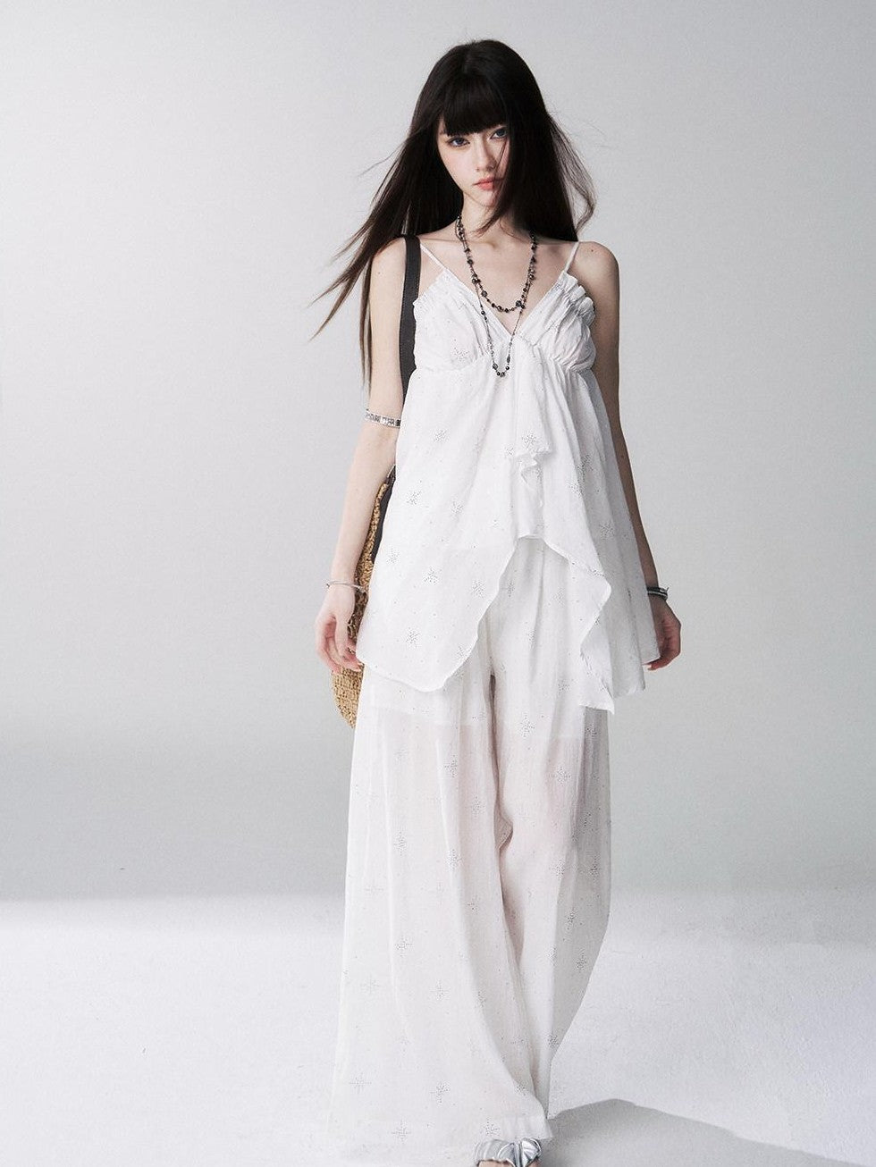 LADYGHOST Ethereal Navy Rhinestone Wide Leg Women&