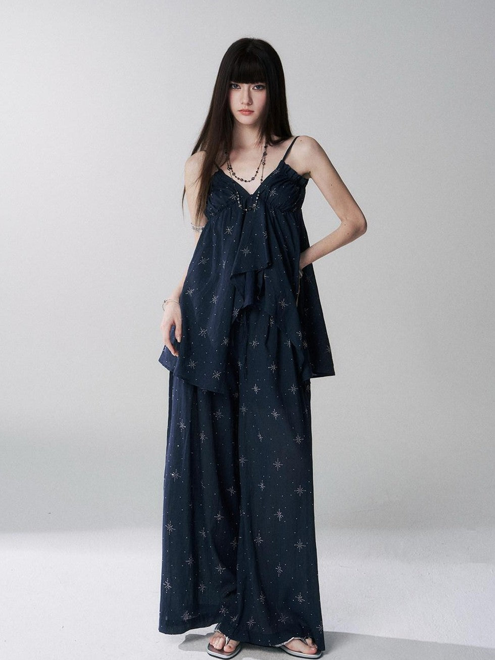 LADYGHOST Ethereal Navy Rhinestone Wide Leg Women&