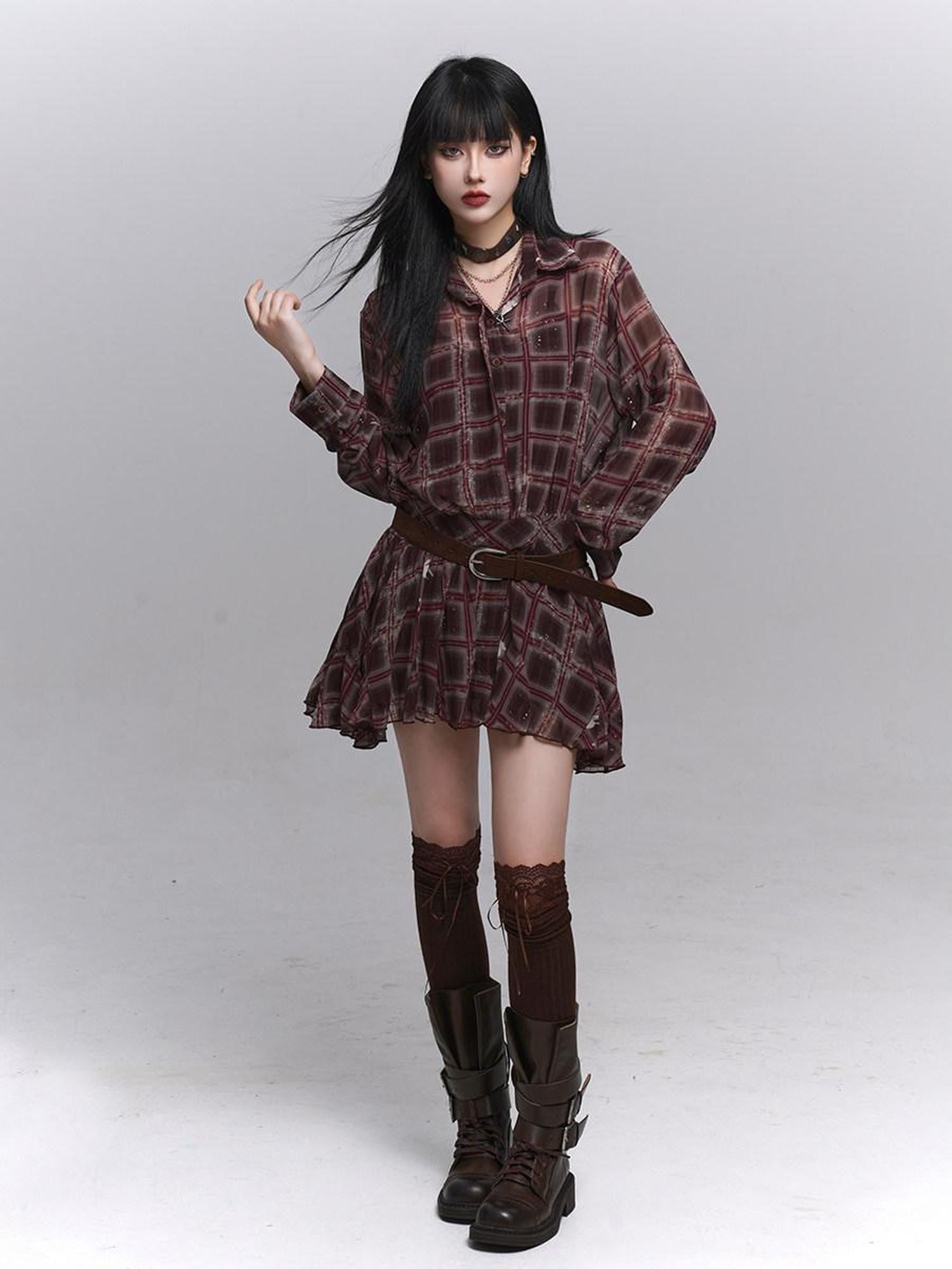 LADYGHOST Ethereal Plaid Long Sleeve Shirt Dress Women&