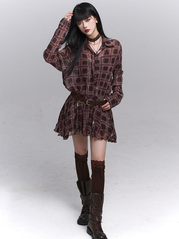 LADYGHOST Ethereal Plaid Long Sleeve Shirt Dress Women&