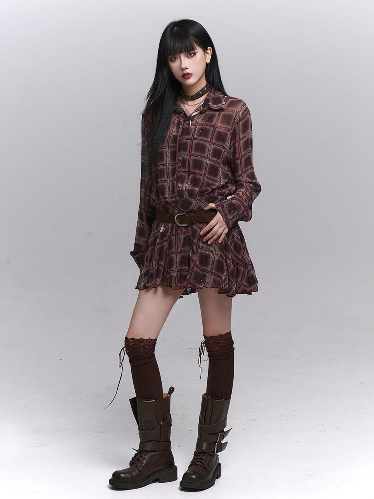 LADYGHOST Ethereal Plaid Long Sleeve Shirt Dress Women&