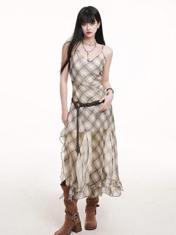 LADYGHOST Ethereal Plaid Spaghetti Strap Cami Women&