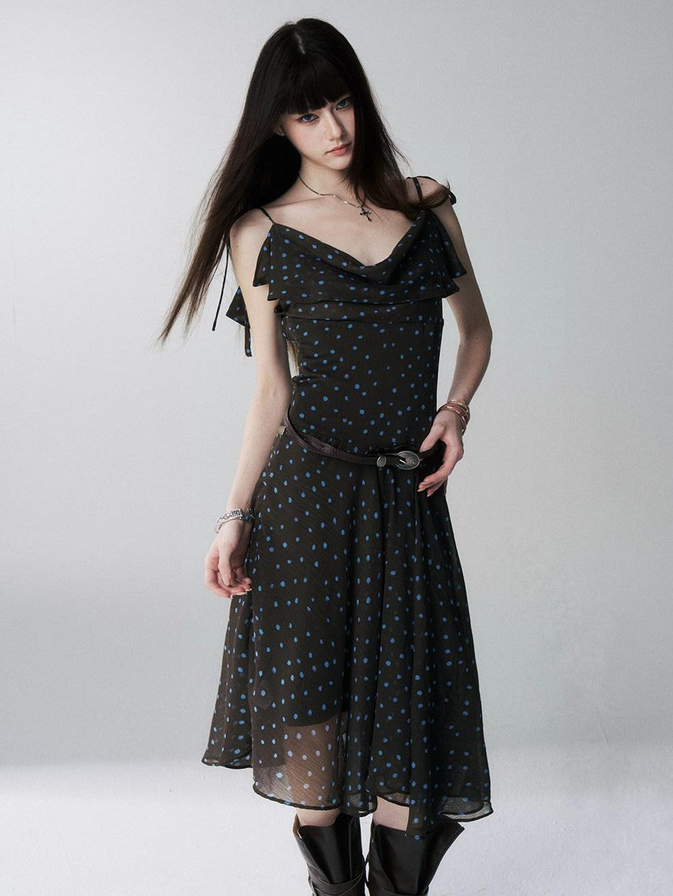 LADYGHOST Ethereal Polka Dot Draped Neck French Chic Women&