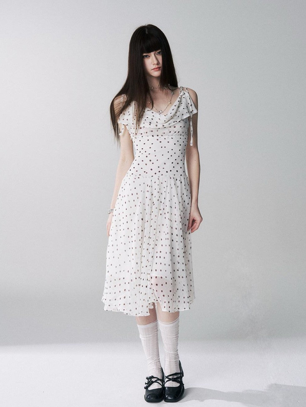 LADYGHOST Ethereal Polka Dot Draped Neck French Chic Women&