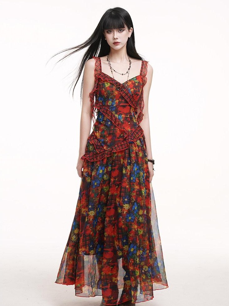LADYGHOST Ethereal Red Floral Print Spaghetti Strap Women&