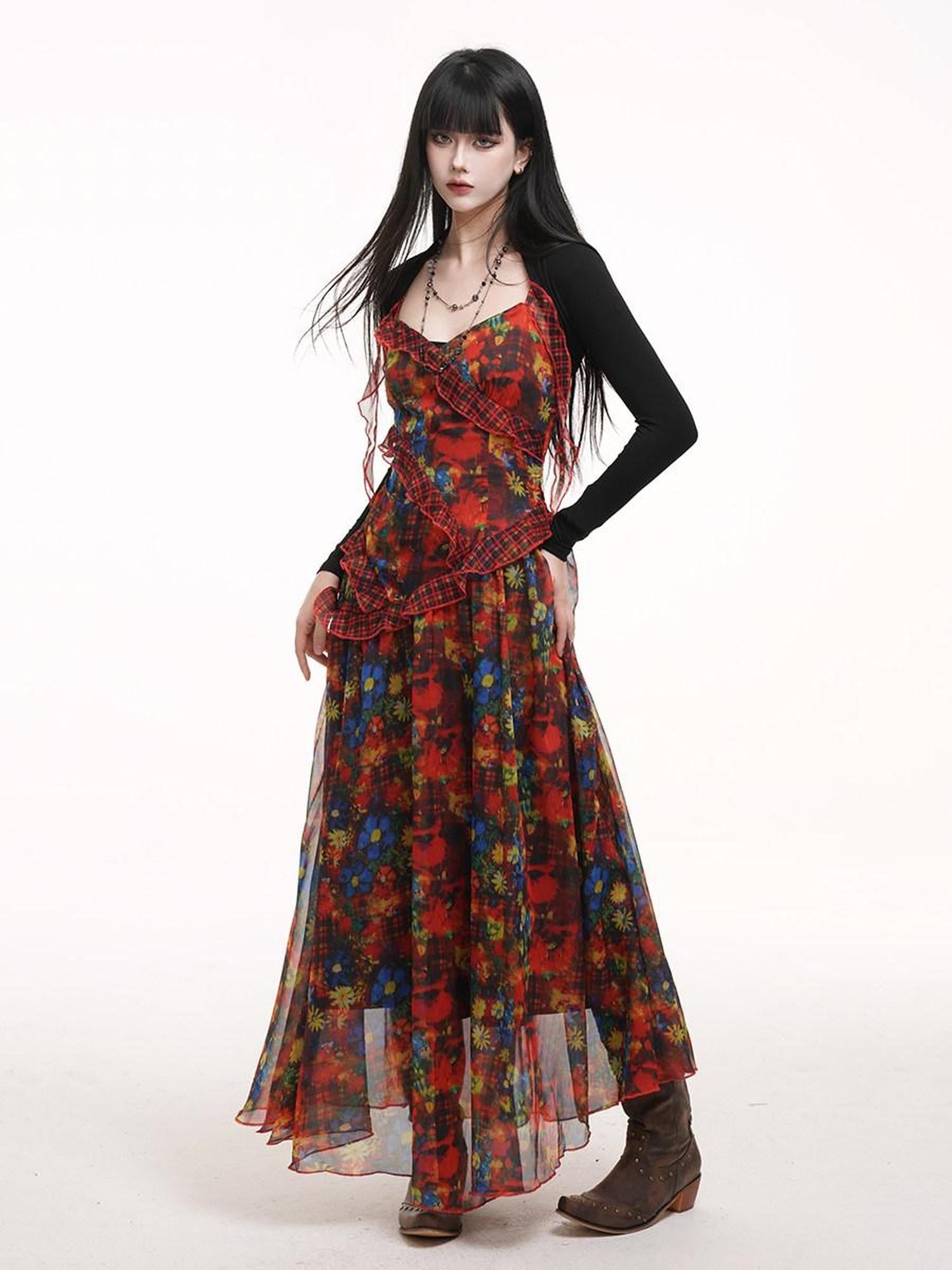 LADYGHOST Ethereal Red Floral Print Spaghetti Strap Women&