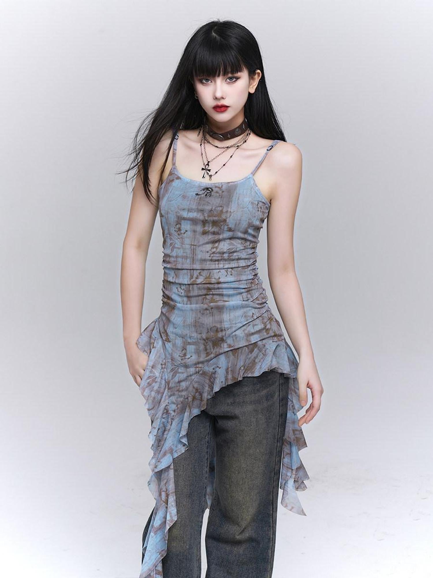 LADYGHOST Ethereal Ruffled Asymmetrical Spaghetti Strap Women&