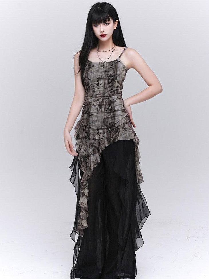 LADYGHOST Ethereal Ruffled Asymmetrical Spaghetti Strap Women&