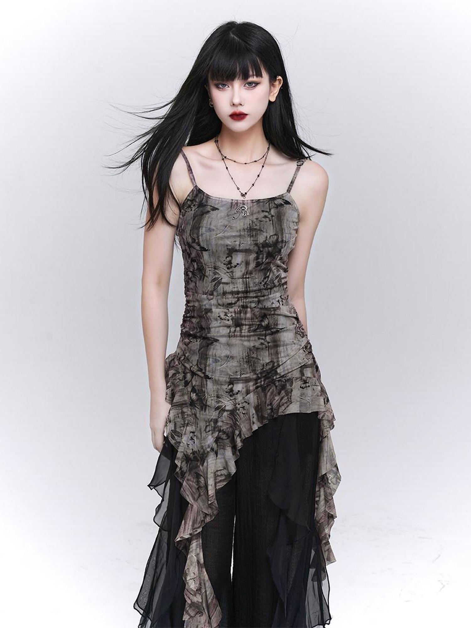 LADYGHOST Ethereal Ruffled Asymmetrical Spaghetti Strap Women&