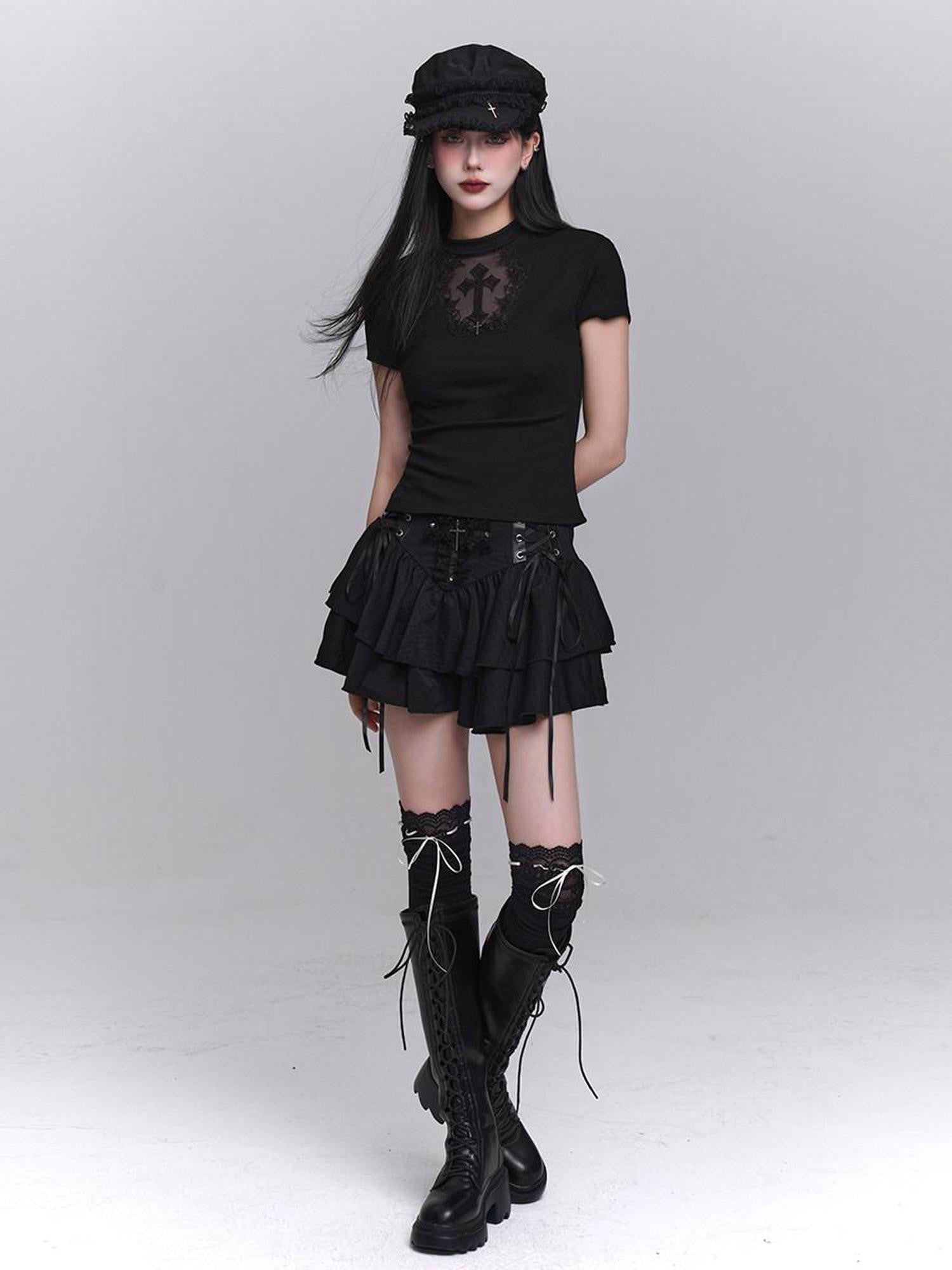 LADYGHOST Ghost Girl Black Cross Print Regular Shoulder Women&
