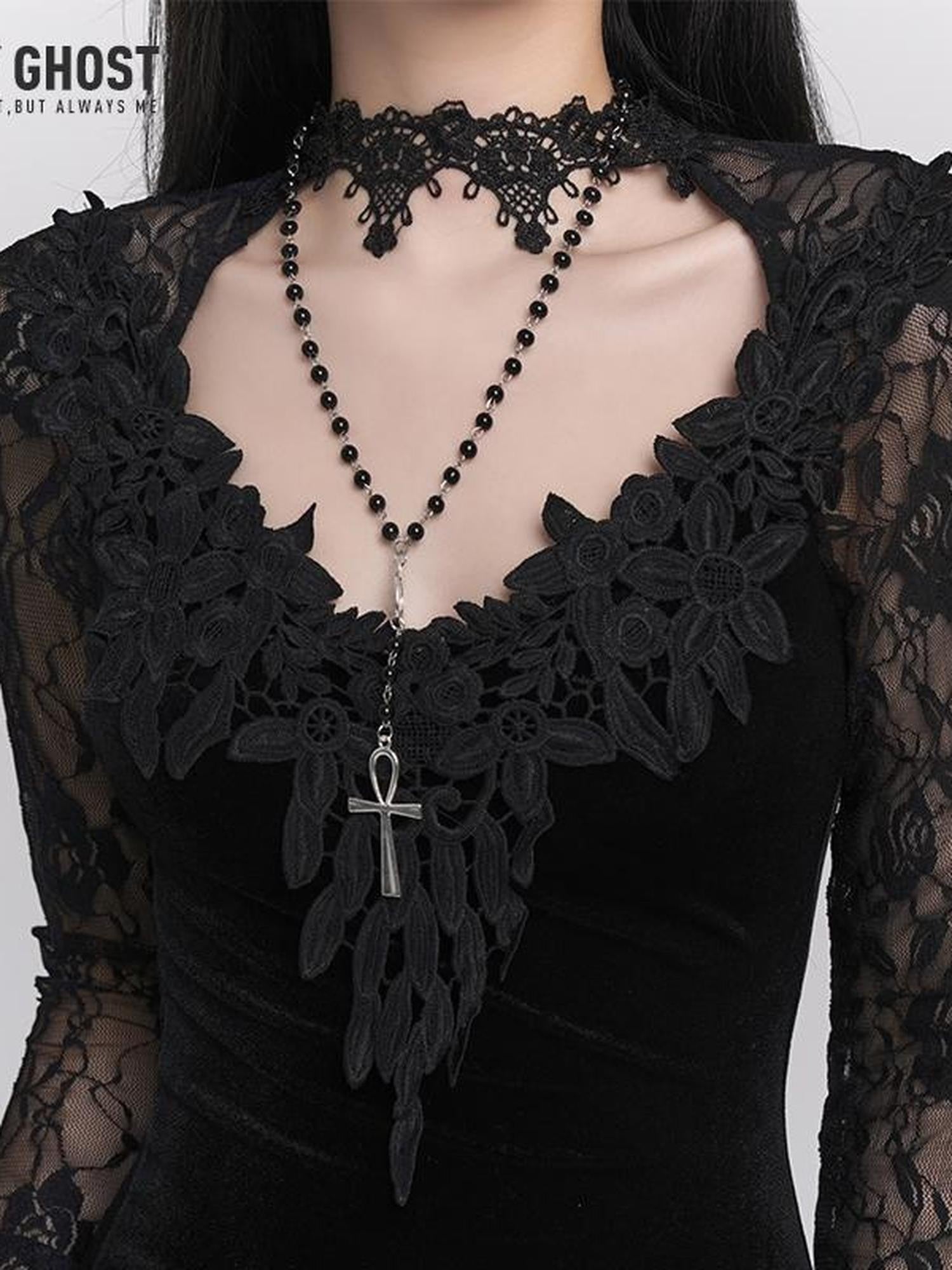 LADYGHOST Ghost Girl Dark Gothic Cross Clavicle Choker Women&