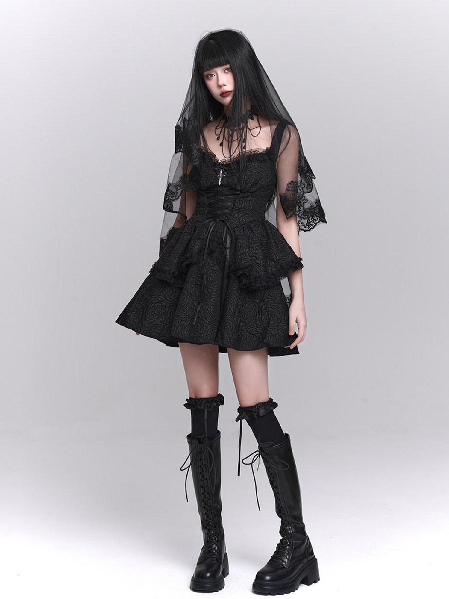 LADYGHOST Ghost Girl Gothic Black Spaghetti Strap Puffed Skirt Women&
