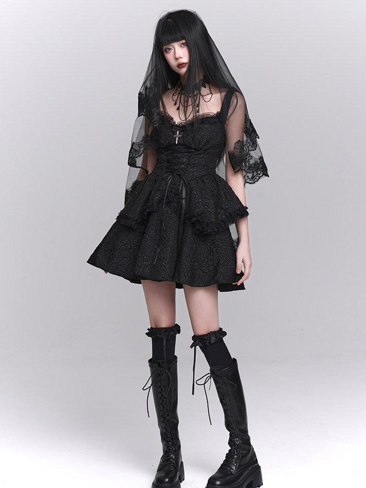 LADYGHOST Ghost Girl Gothic Black Spaghetti Strap Puffed Skirt Women&