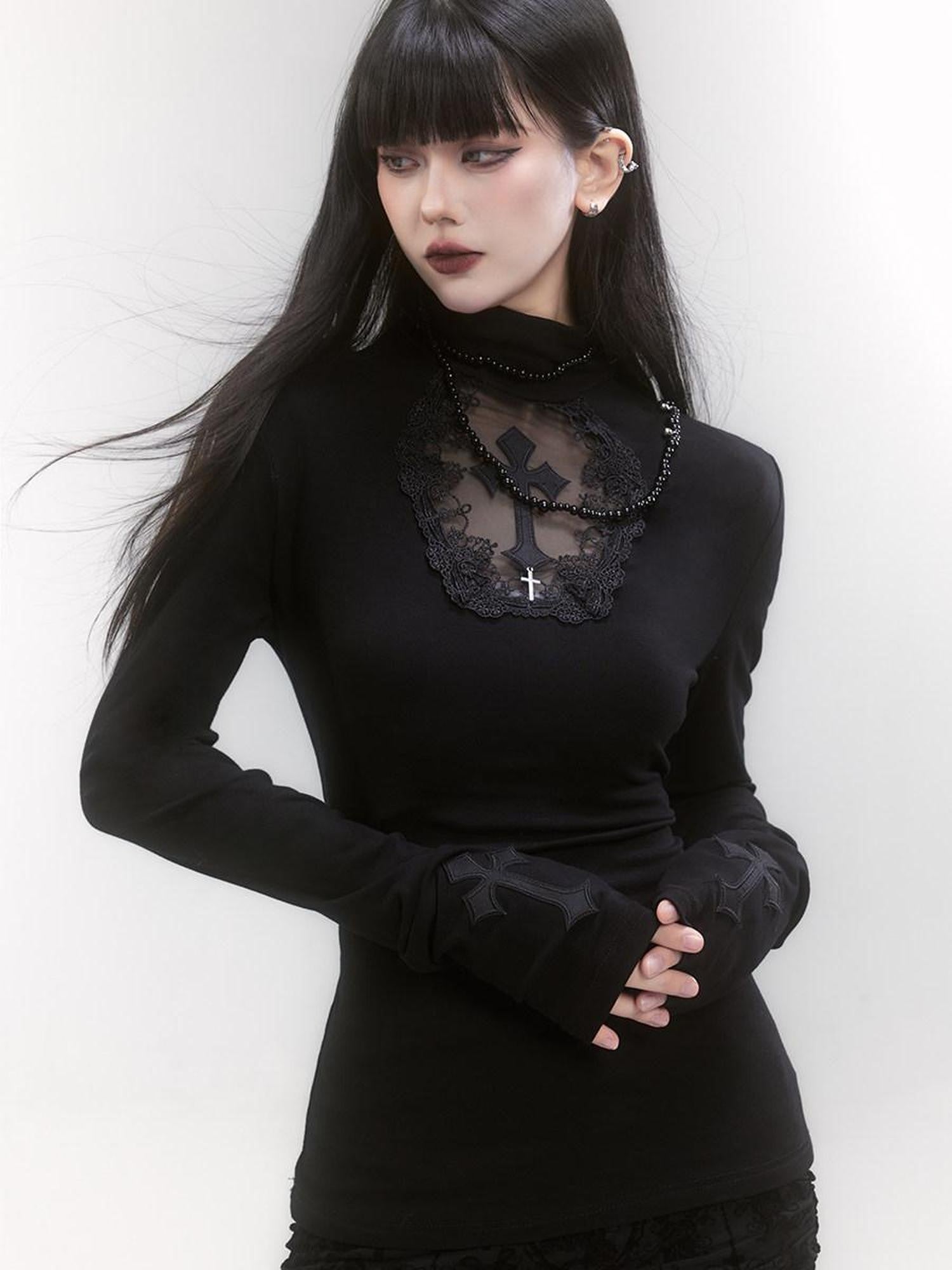 LADYGHOST Ghost Girl Gothic Cross Print High Neck Women&