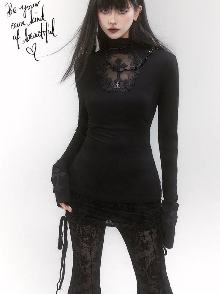 LADYGHOST Ghost Girl Gothic Cross Print High Neck Women&