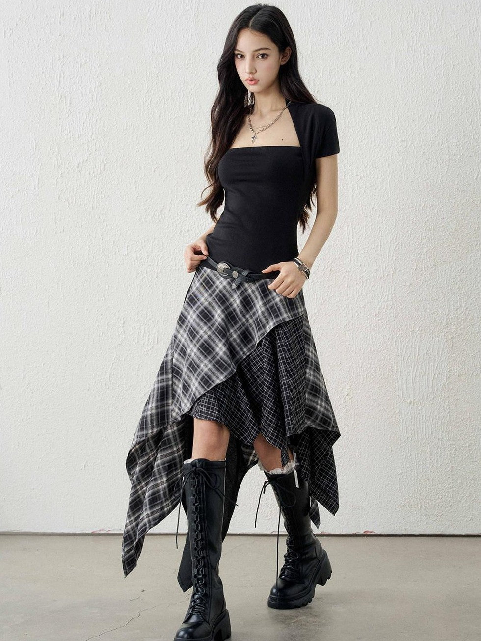 LADYGHOST Ghost Girl Irregular Hem Black White Checkered Women&