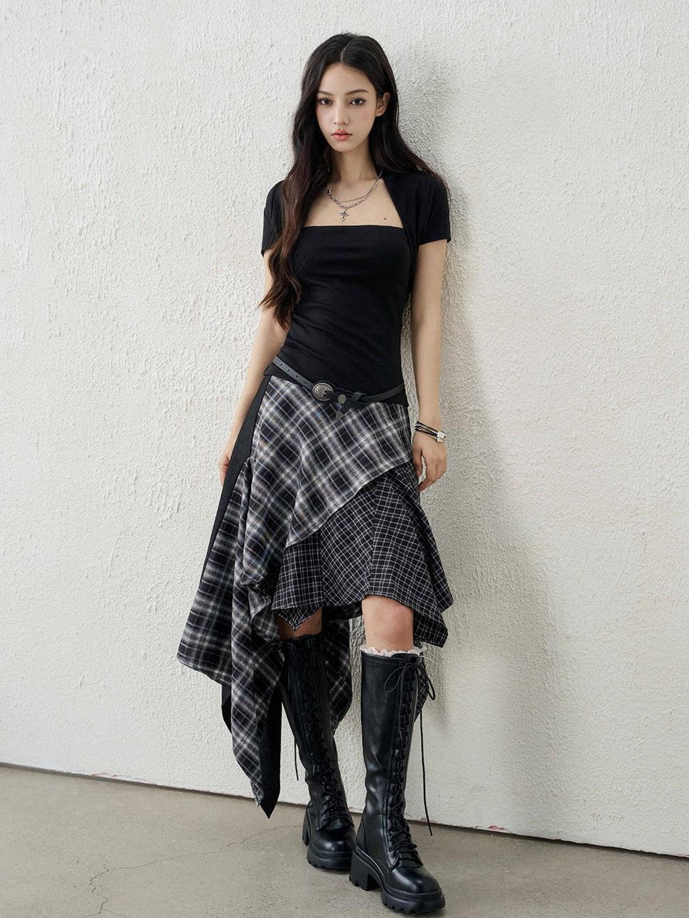 LADYGHOST Ghost Girl Irregular Hem Black White Checkered Women&