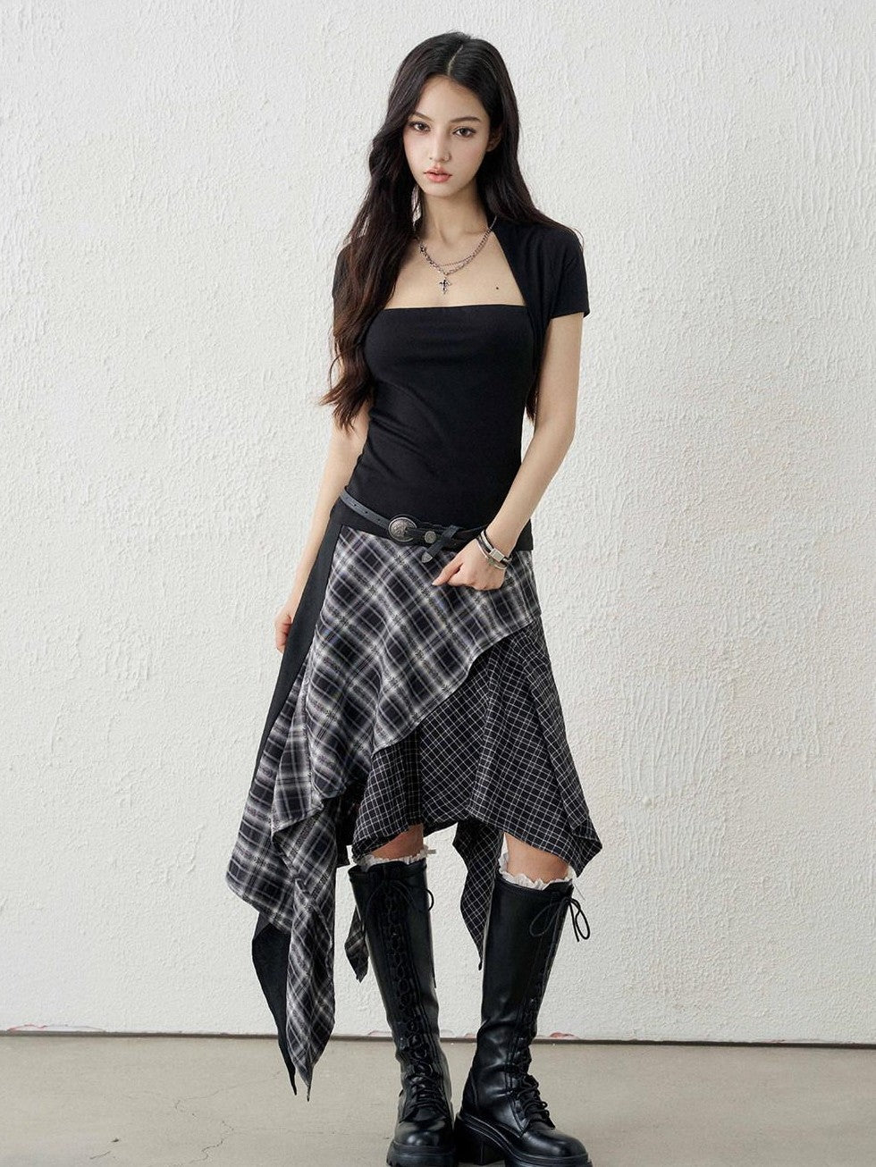 LADYGHOST Ghost Girl Irregular Hem Black White Checkered Women&