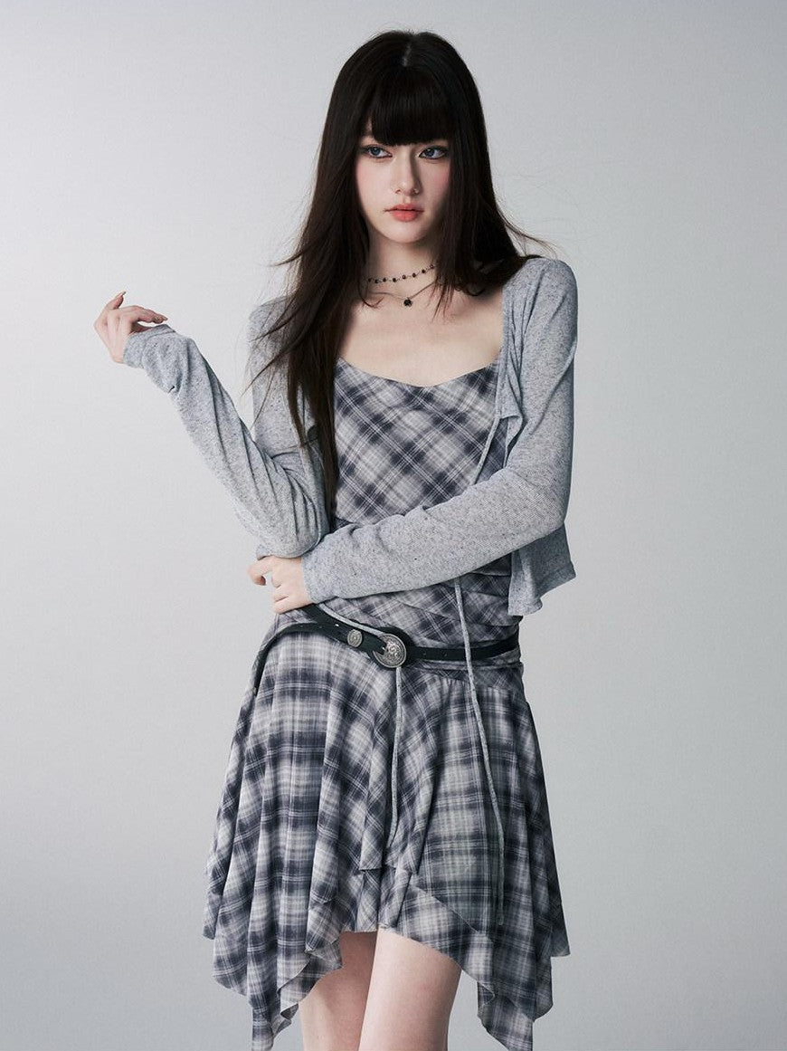 LADYGHOST Ghost Girl Irregular Hem Plaid Strappy Cinched Waist Women&