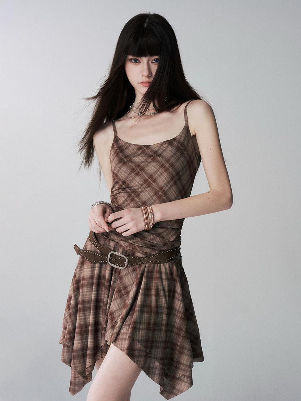 LADYGHOST Ghost Girl Irregular Hem Plaid Strappy Cinched Waist Women&