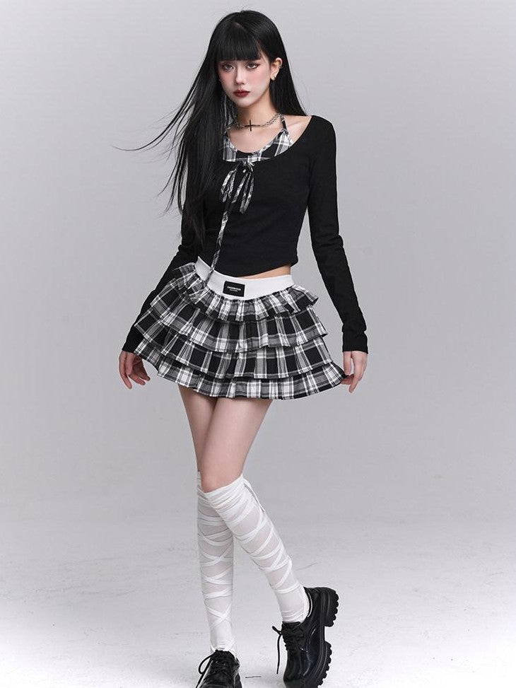 LADYGHOST Ghost Girl Plaid Cropped Puff Tiered Women&